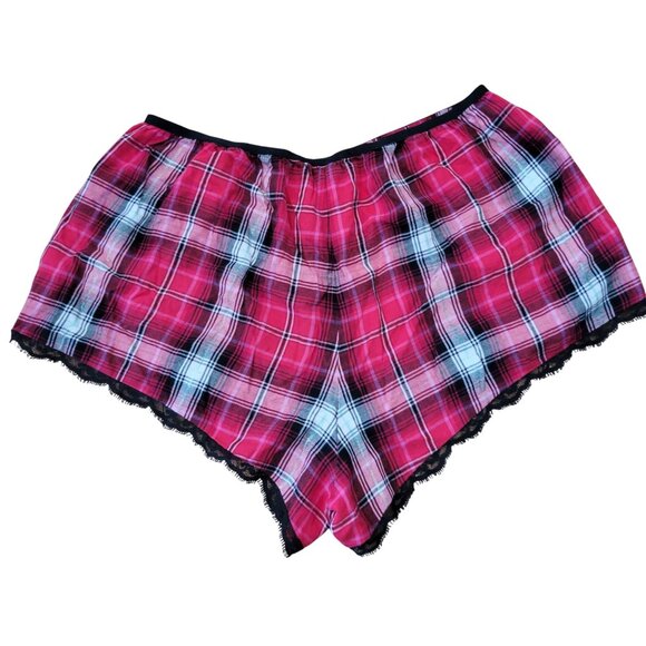 Victorias Secret L Red Plaid 2 Piece Pajama Set Lace Trim Shirt Shorts - Picture 6 of 13